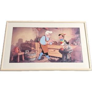 Vintage Framed Disney Pinocchio Art Print 19x31 Classic 1990s Animation Decor
